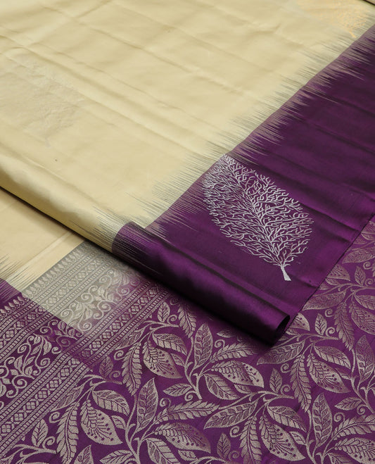 Sandal zari buttas soft silk saree, contrast leaf motif border & pallu of leaf designs