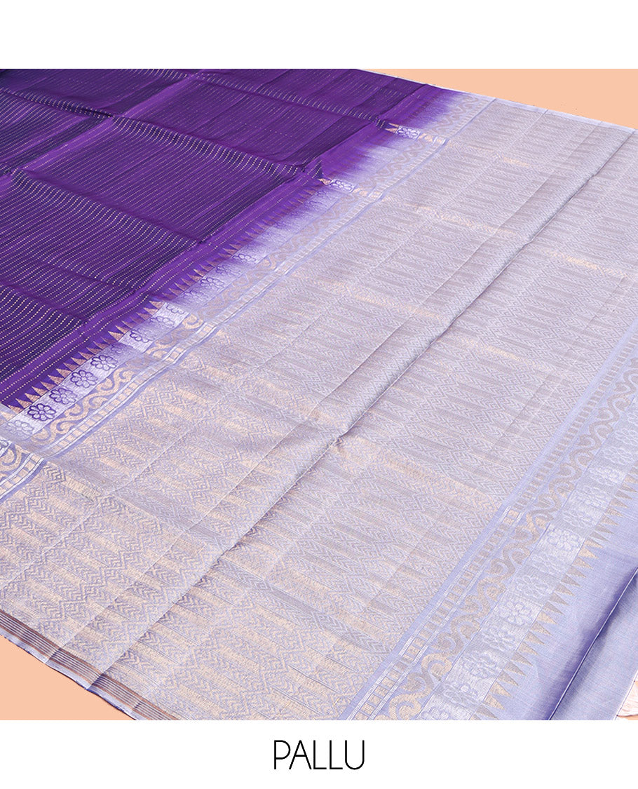 Violet Mayuri Lite Silk Mix Saree, Decorated with Dotted-Stripes, Complemented by a Contrast Elephant Motif Border, Intricate Pallu, and a Contrast Blouse