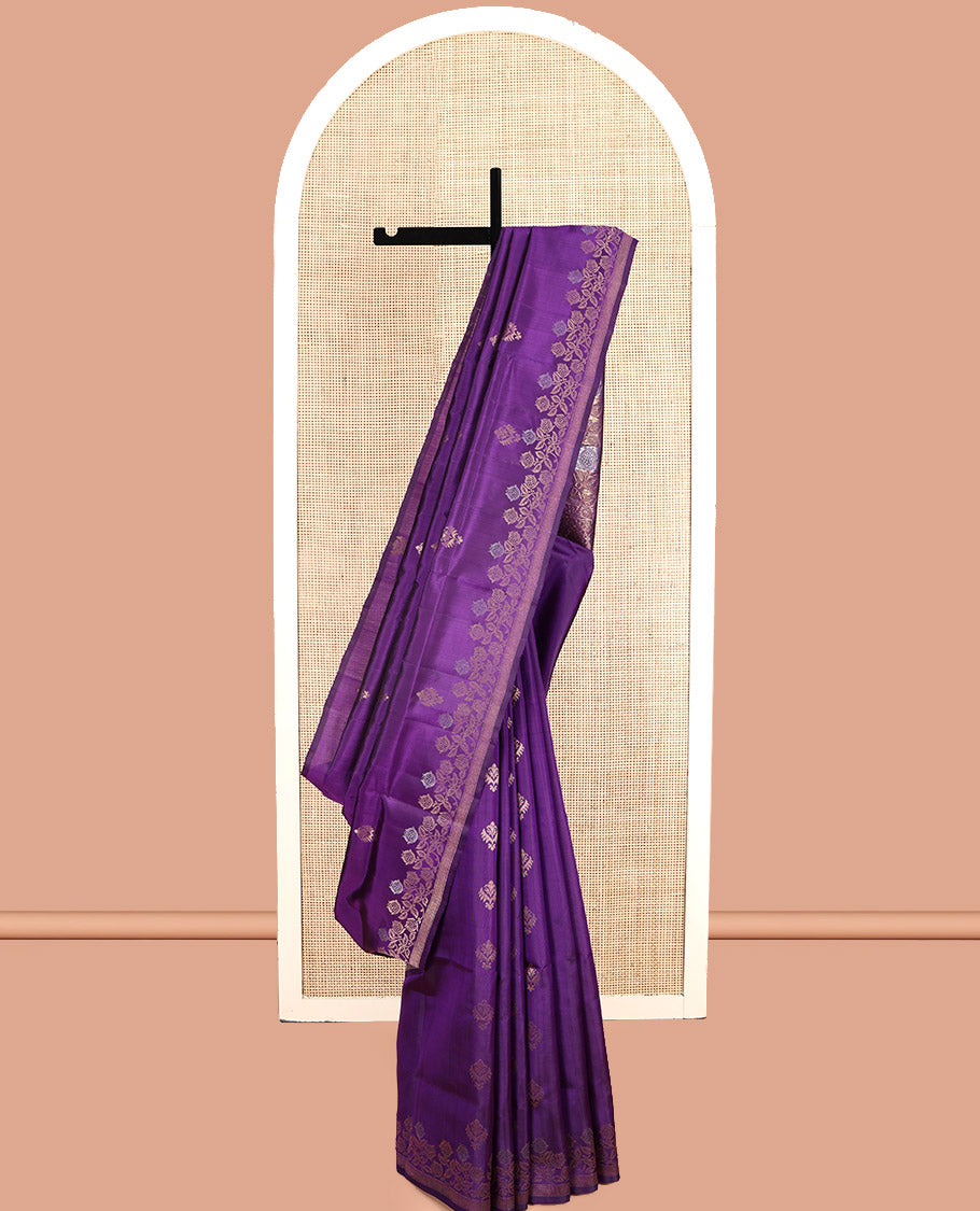 Violet Mayuri Soft Silk Saree, Accentuated with Zari Buttas, Self-Border of Floral Creeper Design, Intricately Designed Pallu, and Matching Blouse