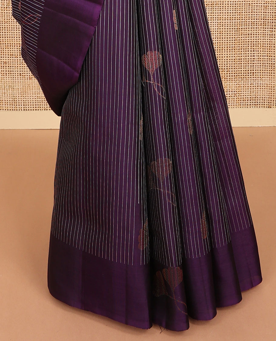 Violet striped, motifs mayuri soft silk saree with self floral design border & striped pallu