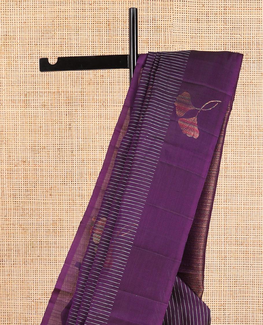 Violet striped, motifs mayuri soft silk saree with self floral design border & striped pallu
