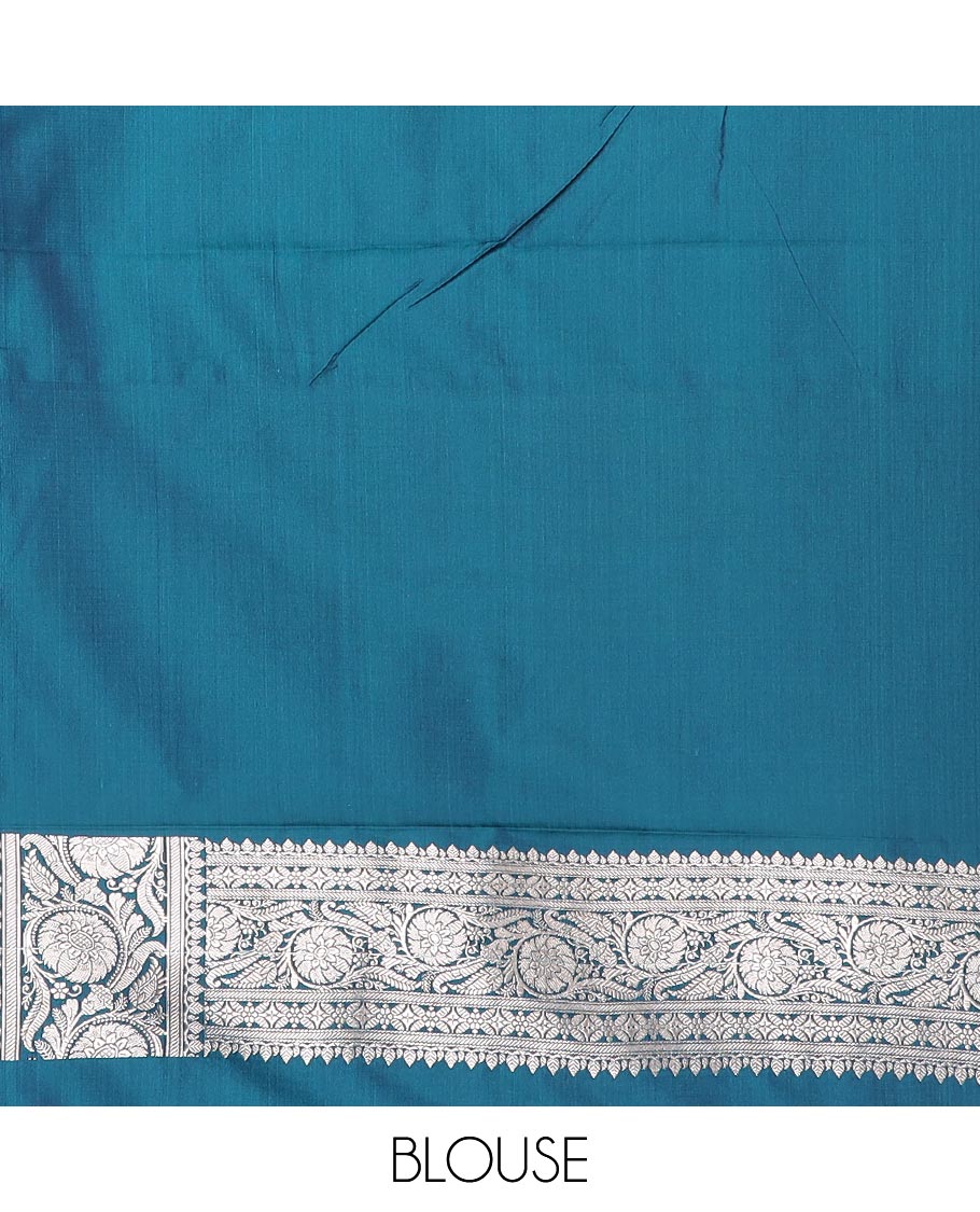 Peacock blue floral jaal jacquard mushru silk saree, floral design border, and pallu of intricate designs