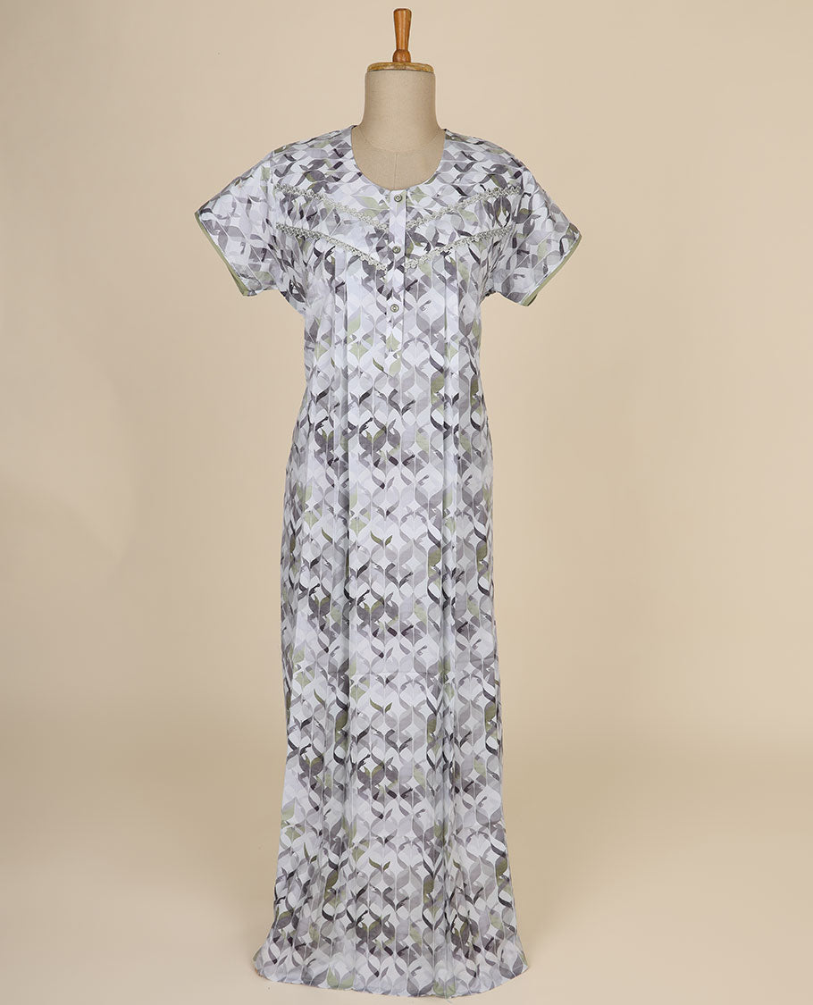White geometric design printed & square neck with lace, cotton half sleeve nighty