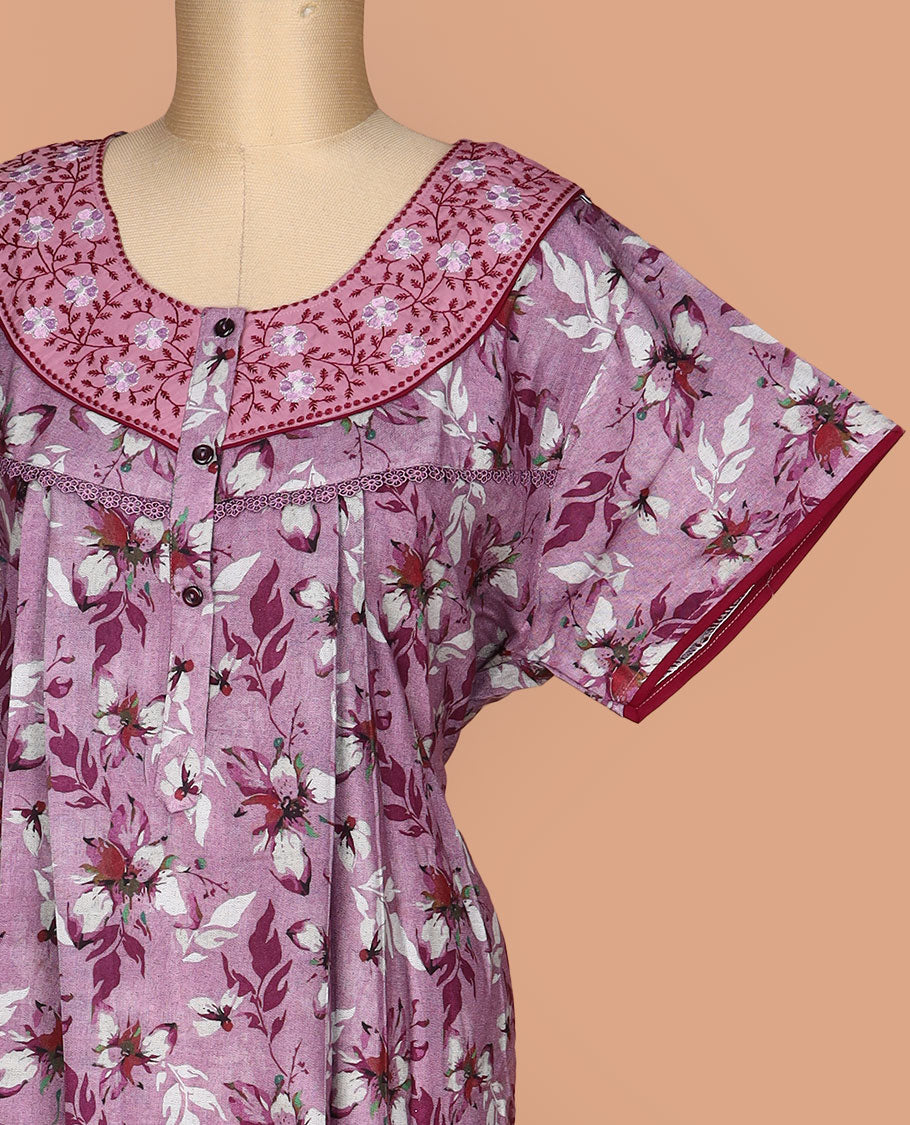 Purple floral printed with embroidered round neck half-sleeve cotton nighty