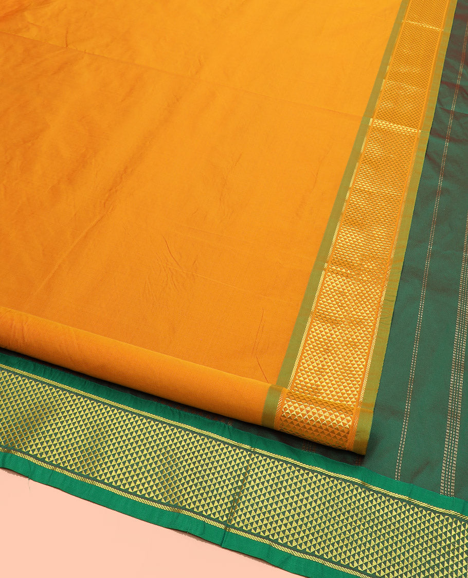 Yellow Plain Ten Yard Art Silk Saree, Complemented by a Contrast Ara Maadam Border, and Pallu Featuring Zari Stripes