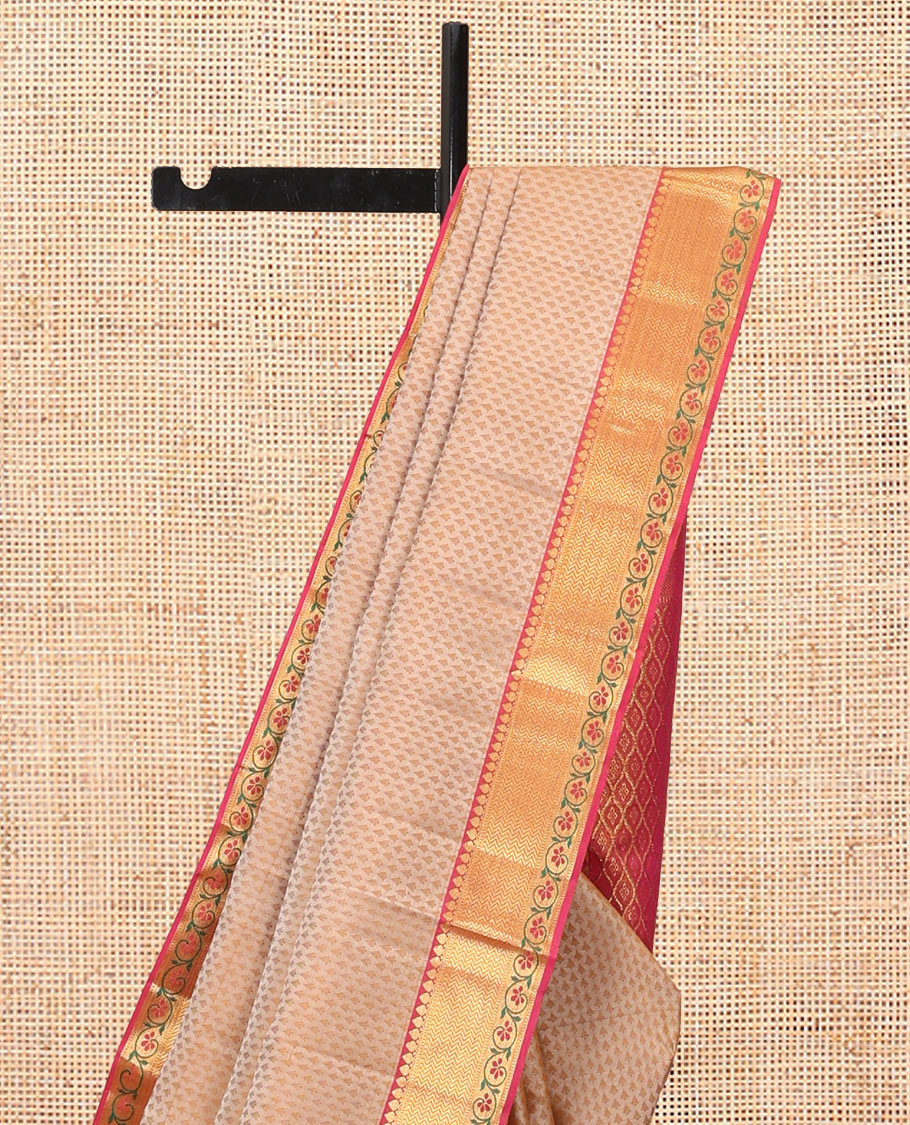 Sandal Embossed Parampara Silk Saree, a Contrast Border of Thilakam Mokku, Vanki, and Kodi Visiry Designs, Grand Pallu, and a Contrast Blouse