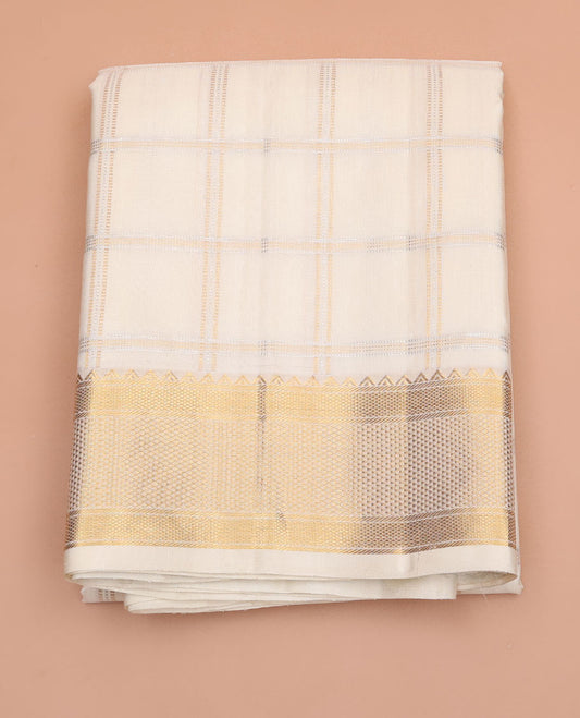 Cream Muthu zari checked pure silk double-layered dhoti with zari border of rekku, banaras, kuyil kann & ara maadam