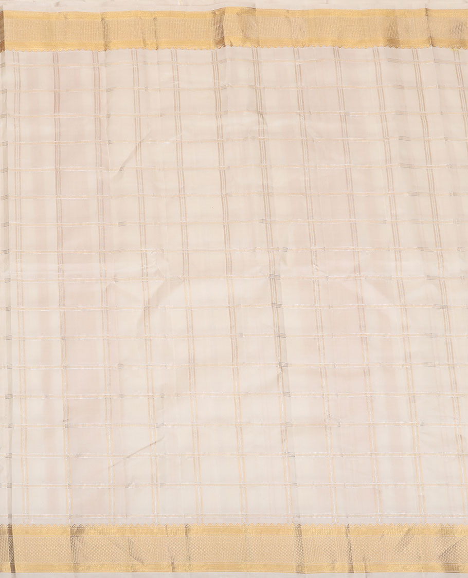 Cream Muthu zari checked pure silk double-layered dhoti with zari border of rekku, banaras, kuyil kann & ara maadam
