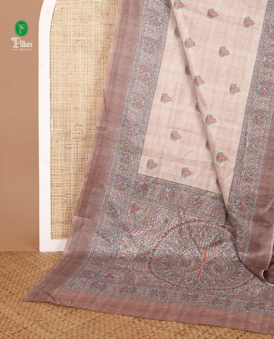 Chikku color madhubani printed semi tussar saree with double butta, madhubani printed border & madhubani printed pallu along with plain blouse