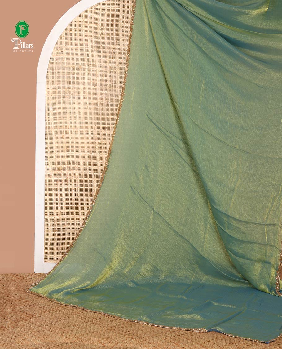 Parrot green fendy chiffon saree with hand work border & self pallu along with hand work blouse