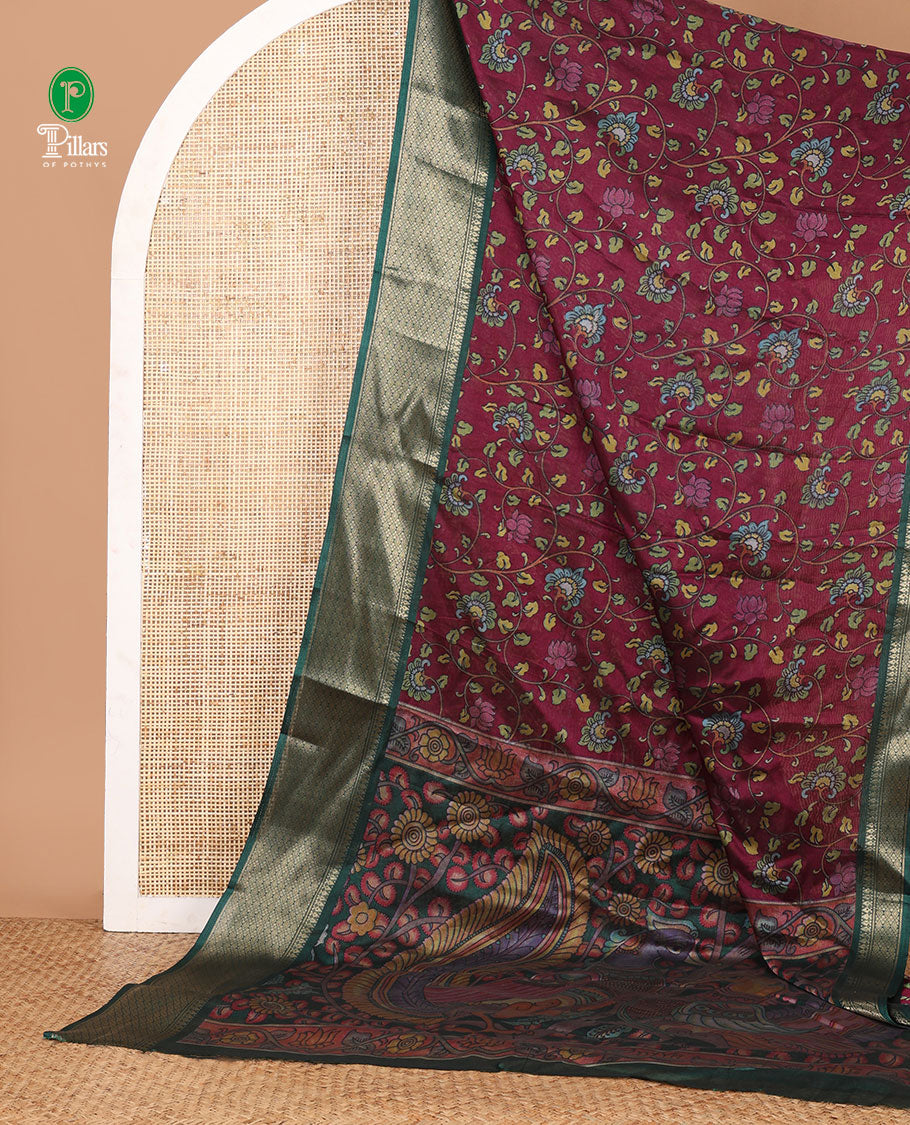 Purple kalamkari-style floral vine printed dola silk saree, contrast traditional zari border & kalamkari peacock pallu