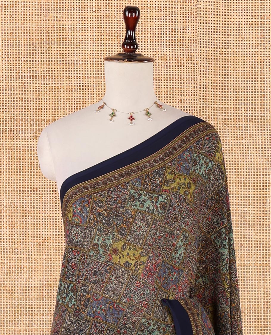 Navy blue kaleidoscopic-colored checks mill-printed kimaya saree, contrast plain border & paisley & geometric printed pallu