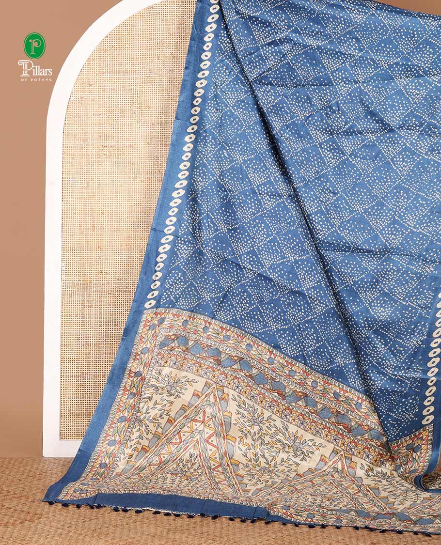 Blue Bandhani-style printed khadi cotton saree, printed border & colorful madhubani-style printed pallu