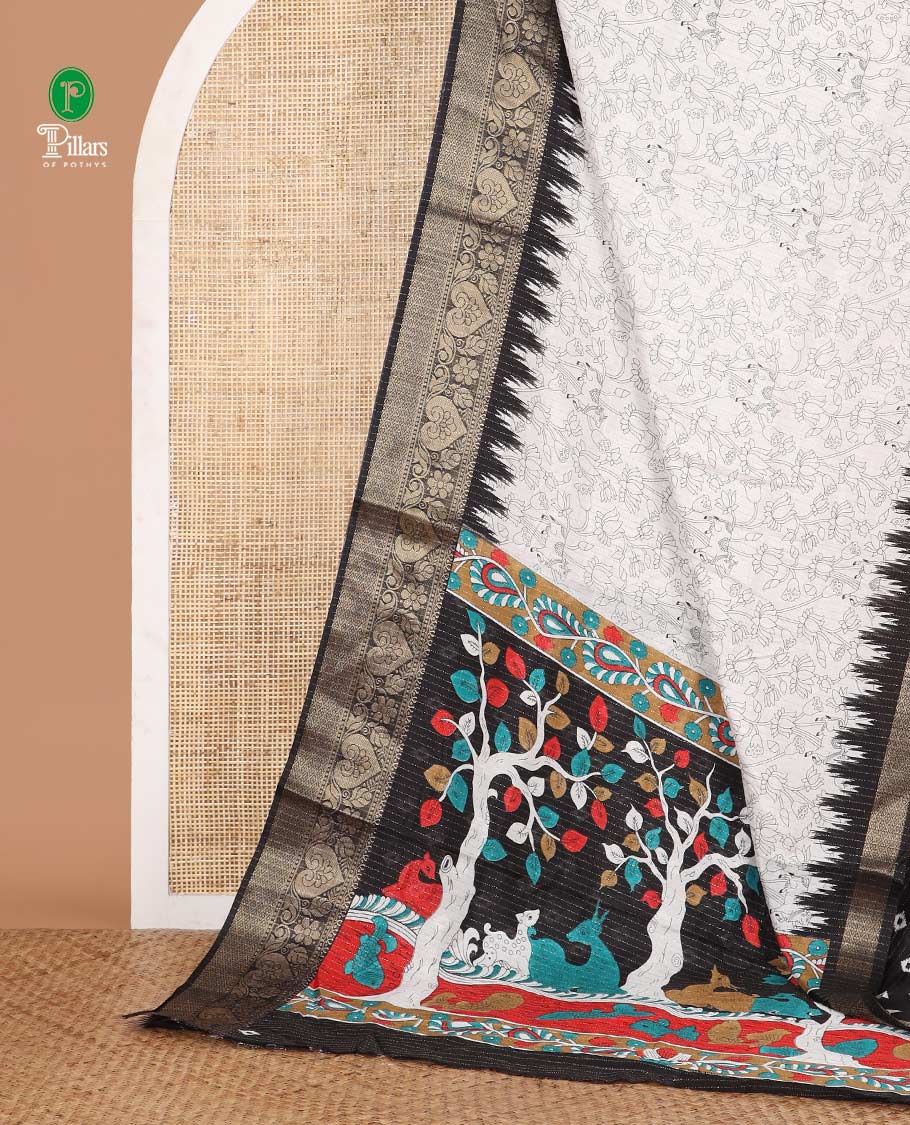 White pichwai cow & lotus printed dola silk saree,contrast black temple traditional zari border, kalamkari printed pallu & printed blouse