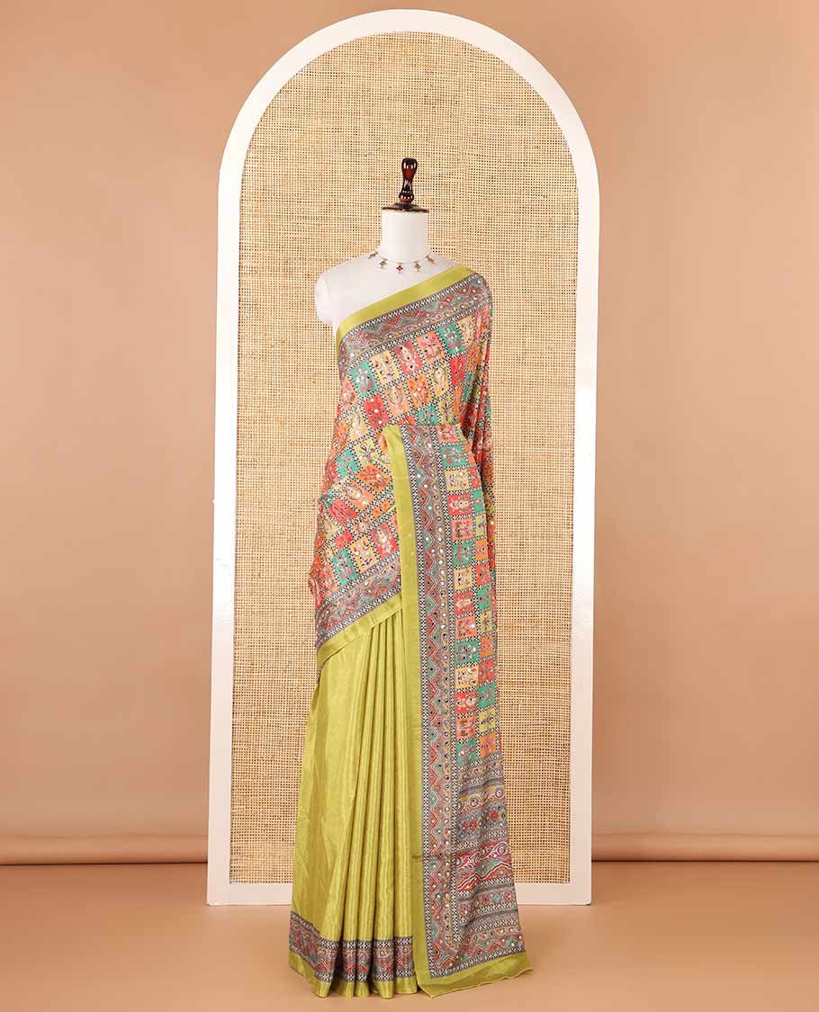 Green kaleidoscopic-colored checks & mirror embroidery masakali saree,self-border & pallu of print & mirrorwork, plain blouse