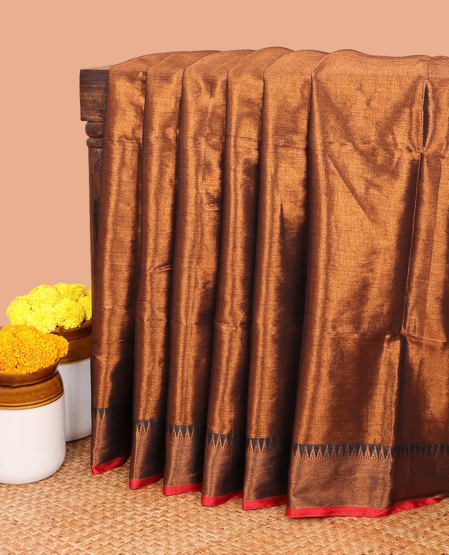 Copper brown plain tissue copper saree with contrast double side temple border & all over pallu , tussels & running blouse