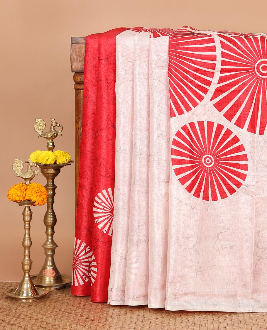 Borderless White with red sunbrust design skirt pattern khadi cotton saree & big sunbrust printed pallu with tussels