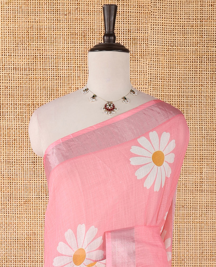 Light pink sunflower motif printed linen saree, silver zari plain border & small sunflower motif print blouse