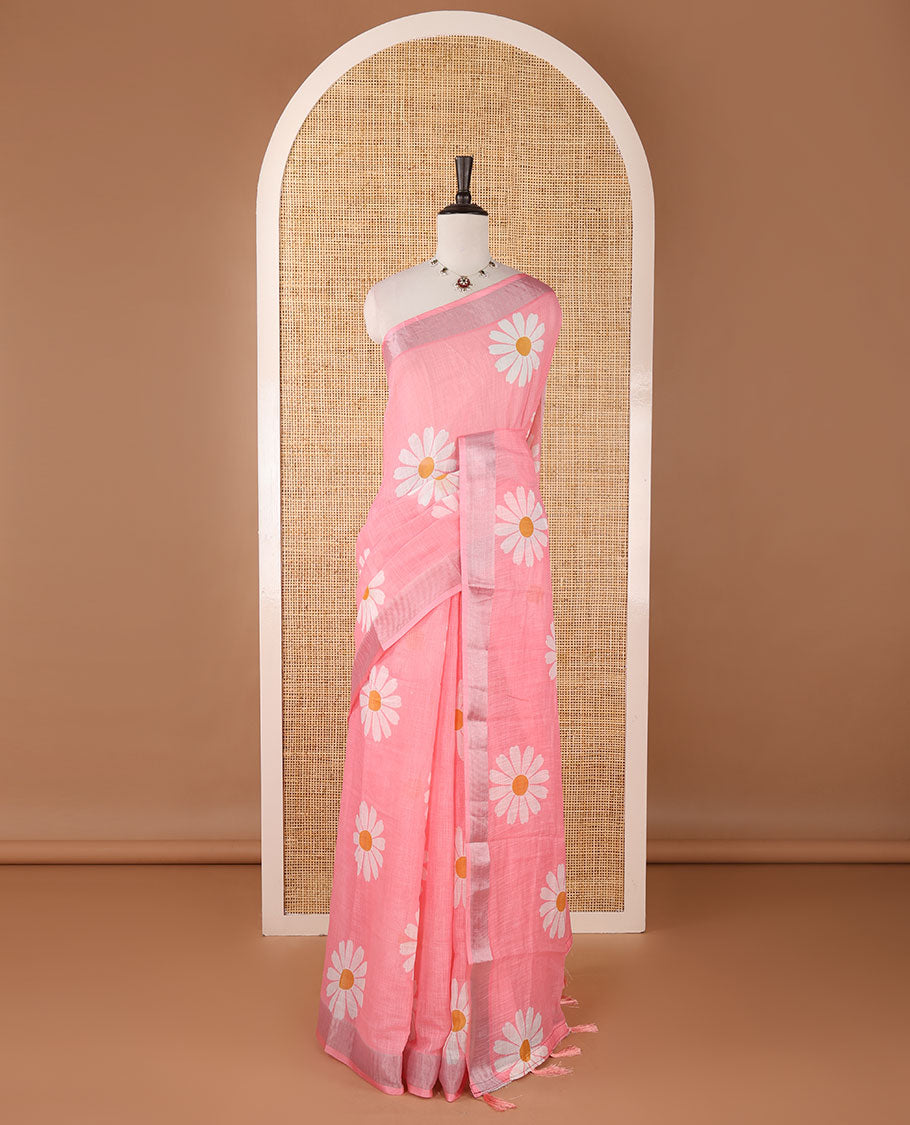 Light pink sunflower motif printed linen saree, silver zari plain border & small sunflower motif print blouse