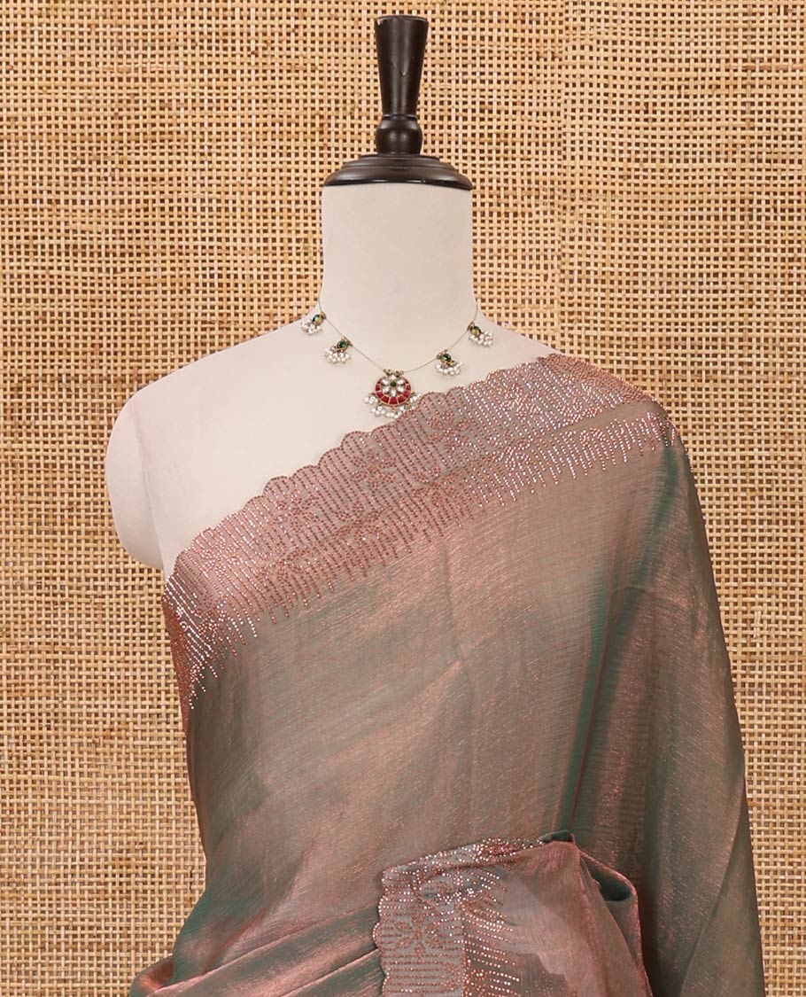 Olive green plain fendy-chiffon saree, scallop Swarovski copper stone work border & contrast Swarovski copper stonework blouse