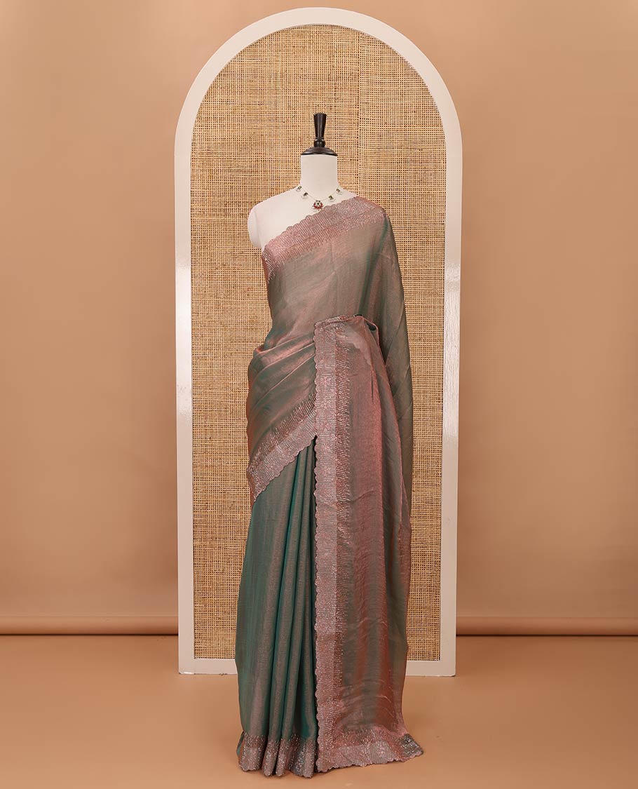 Olive green plain fendy-chiffon saree, scallop Swarovski copper stone work border & contrast Swarovski copper stonework blouse