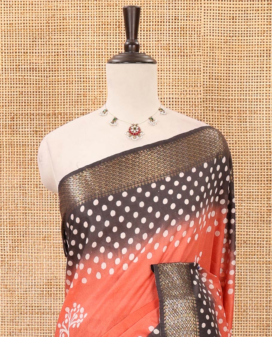 Pink batik printed Bhagalpuri cotton saree, contrast gold zari diamond-patterned border, printed pallu & pink blouse of print & zari work
