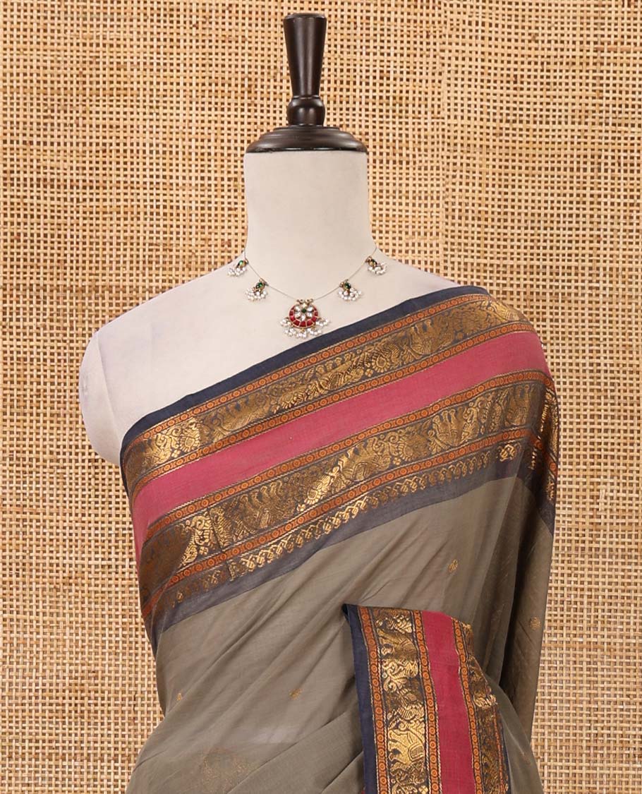 Grey zari buttas Chettinad cotton saree, contrast rettai pettu traditional zari border, striped pallu & blouse of zari border