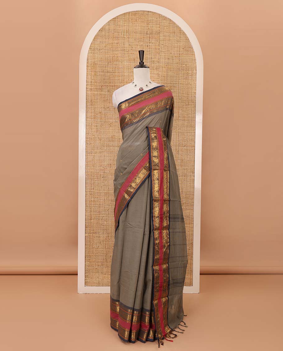 Grey zari buttas Chettinad cotton saree, contrast rettai pettu traditional zari border, striped pallu & blouse of zari border