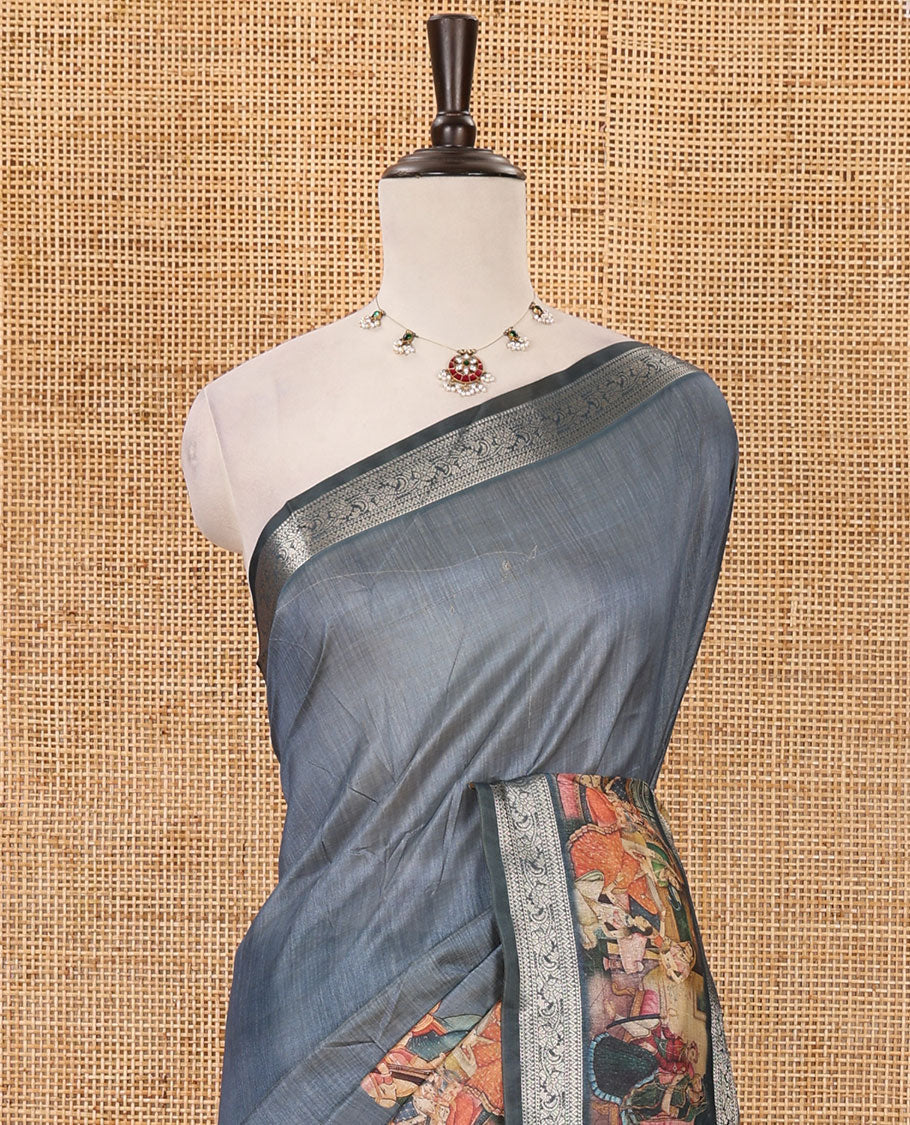 Grey ancient Mughal human printed semi-tussar saree, traditional zari rettai pettu ancient human motifs print border, printed pallu & running blouse