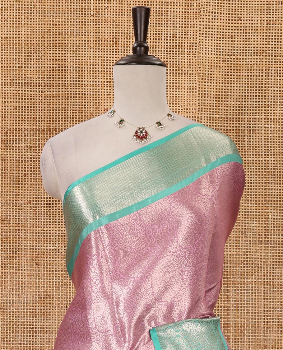 Lavender zari jacquard tissue banaras saree, contrast traditional zari design border, intricate pallu & contrast jacquard blouse