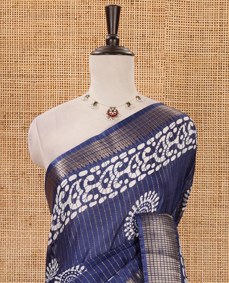 Navy blue golden zari striped & batik-printed dola silk saree, traditional zari border & batik printed pallu & matching batik printed blouse