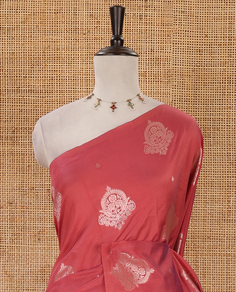 Borderless onion pink golden zari buttas woven mulberry silk saree, contrast rose floral digitally woven pallu & zari design blouse
