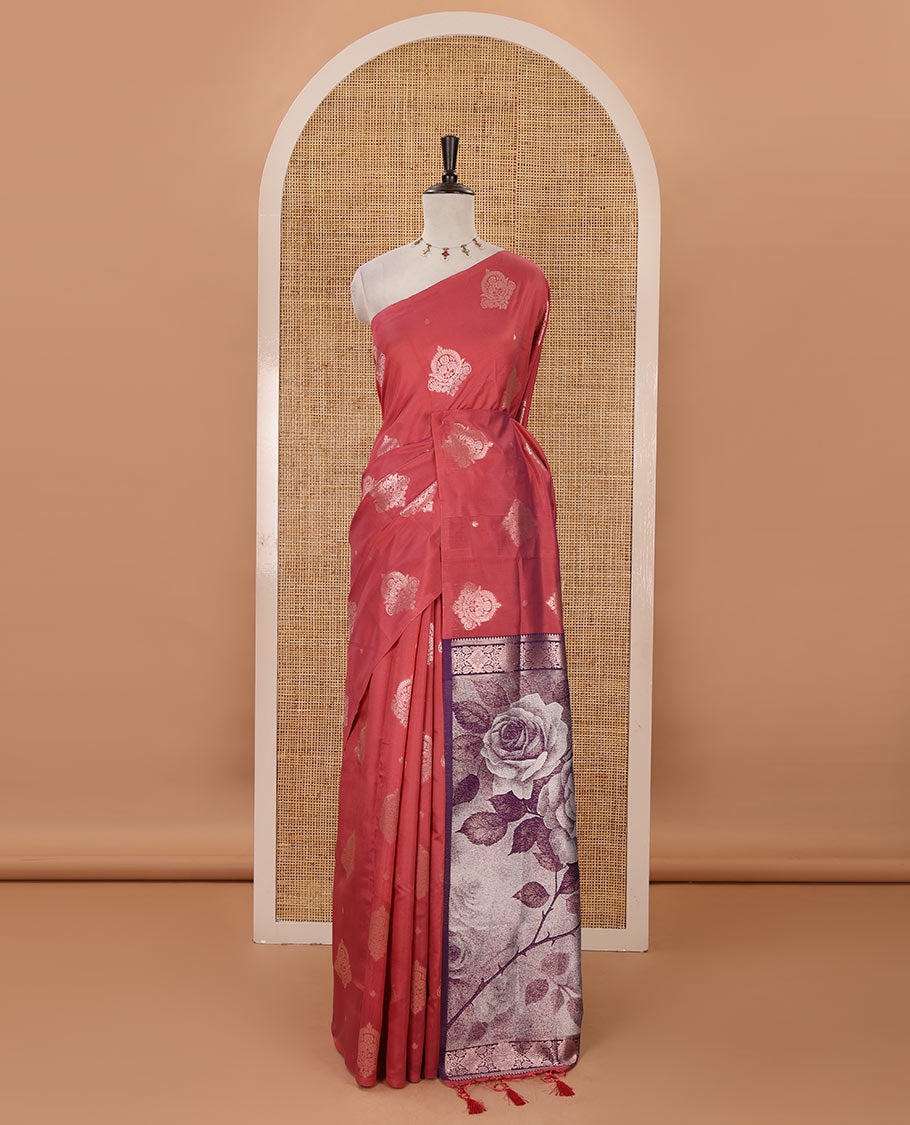 Borderless onion pink golden zari buttas woven mulberry silk saree, contrast rose floral digitally woven pallu & zari design blouse