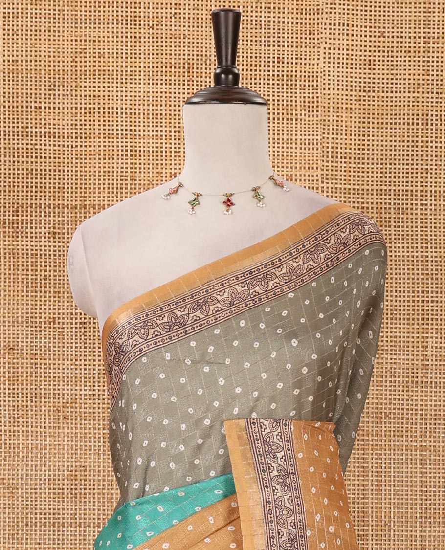 Mustard 3D-dying with bandhani printed design kota saree , self printed border , radhe and kalamkari style printed pallu & contrast printed blouse