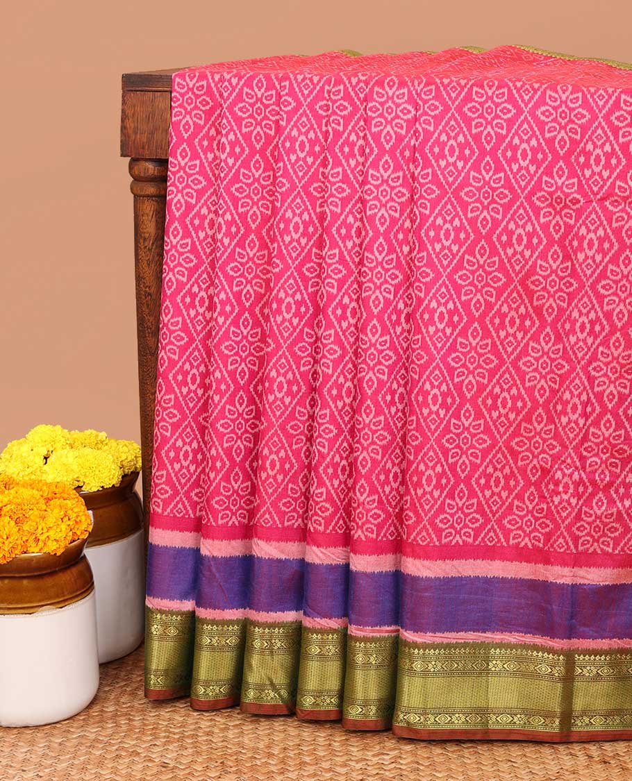 Pink Ikkat Design semi patalo saree with contrast traditional Border