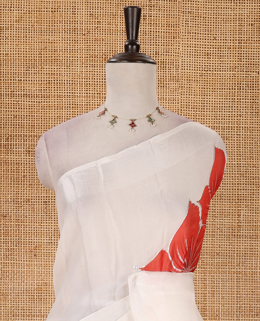 Cream floral placement-style printed Marble chiffon saree, zari border & contrast red gotta patti work & mixed embroidered blouse