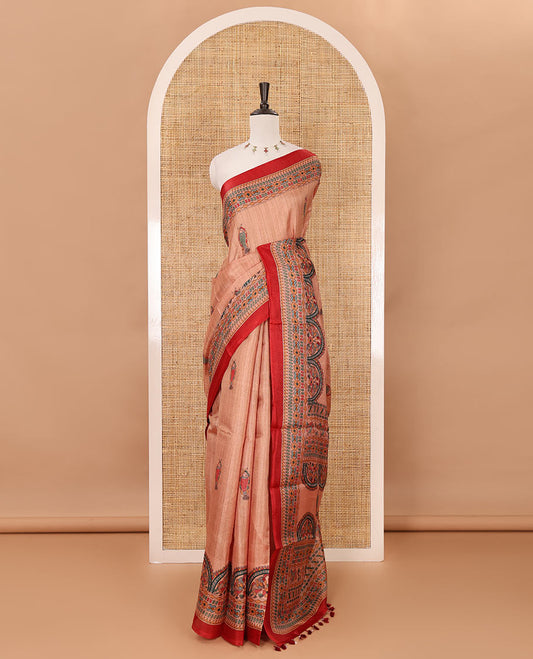 Light orange madhubani-style fish printed khadi cotton saree, floral printed border, madhubani printed pallu & contrast polka dots printed blouse
