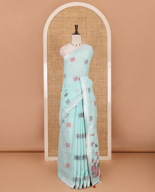 Sea blue vertical striped & geometric buttas Jute linen saree, Sliver zari border, geometric patterned pallu & vertical striped blouse