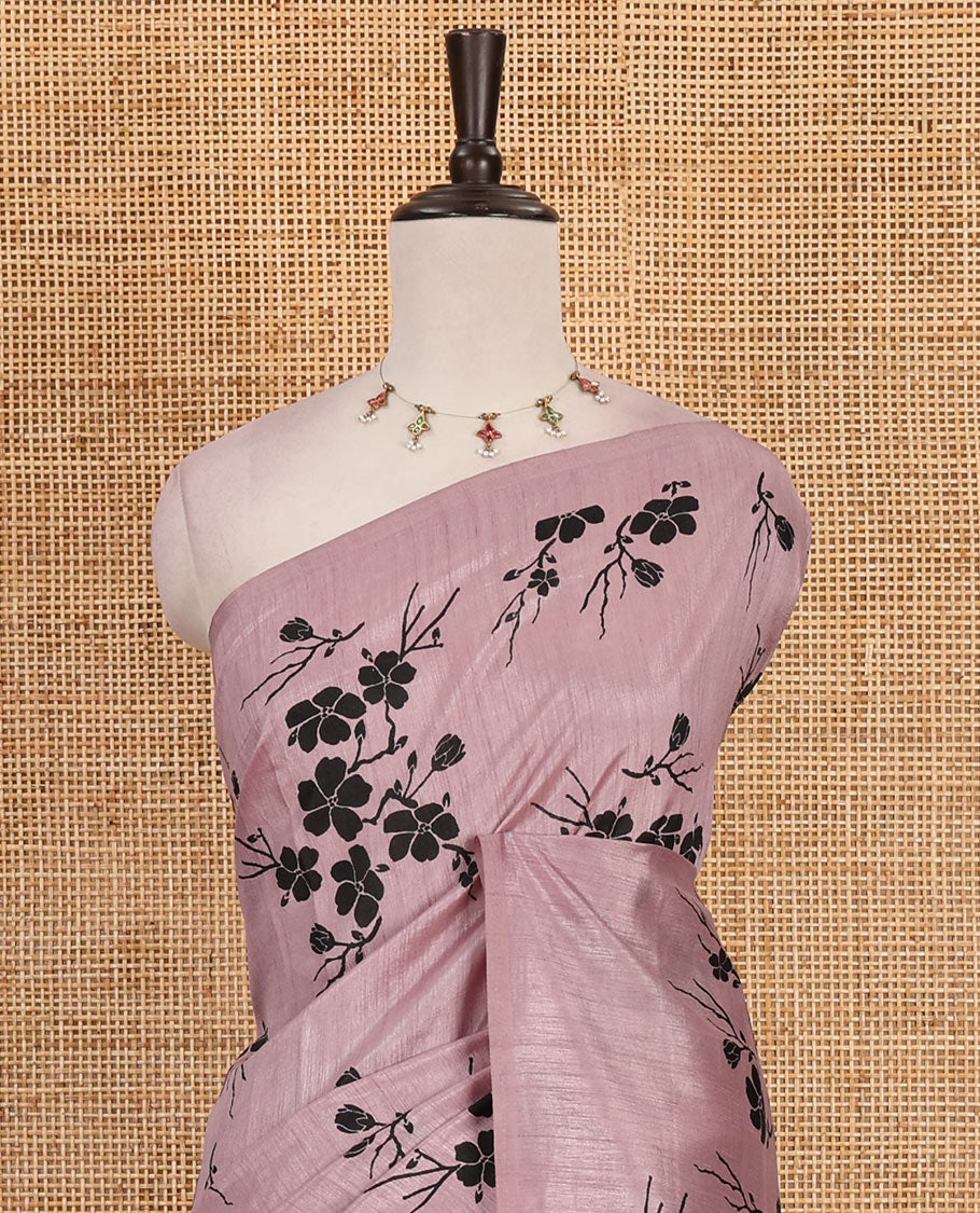 Borderless light lavender five petal floral motifs printed semi tussar saree, self-pallu of floral print, and printed blouse