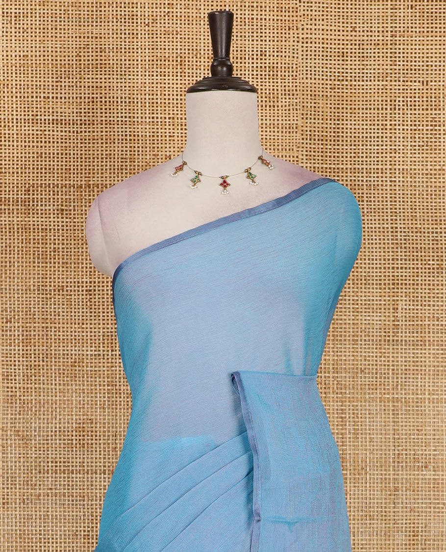Borderless sky blue plain design viscose saree, flower motifs printed matching blouse