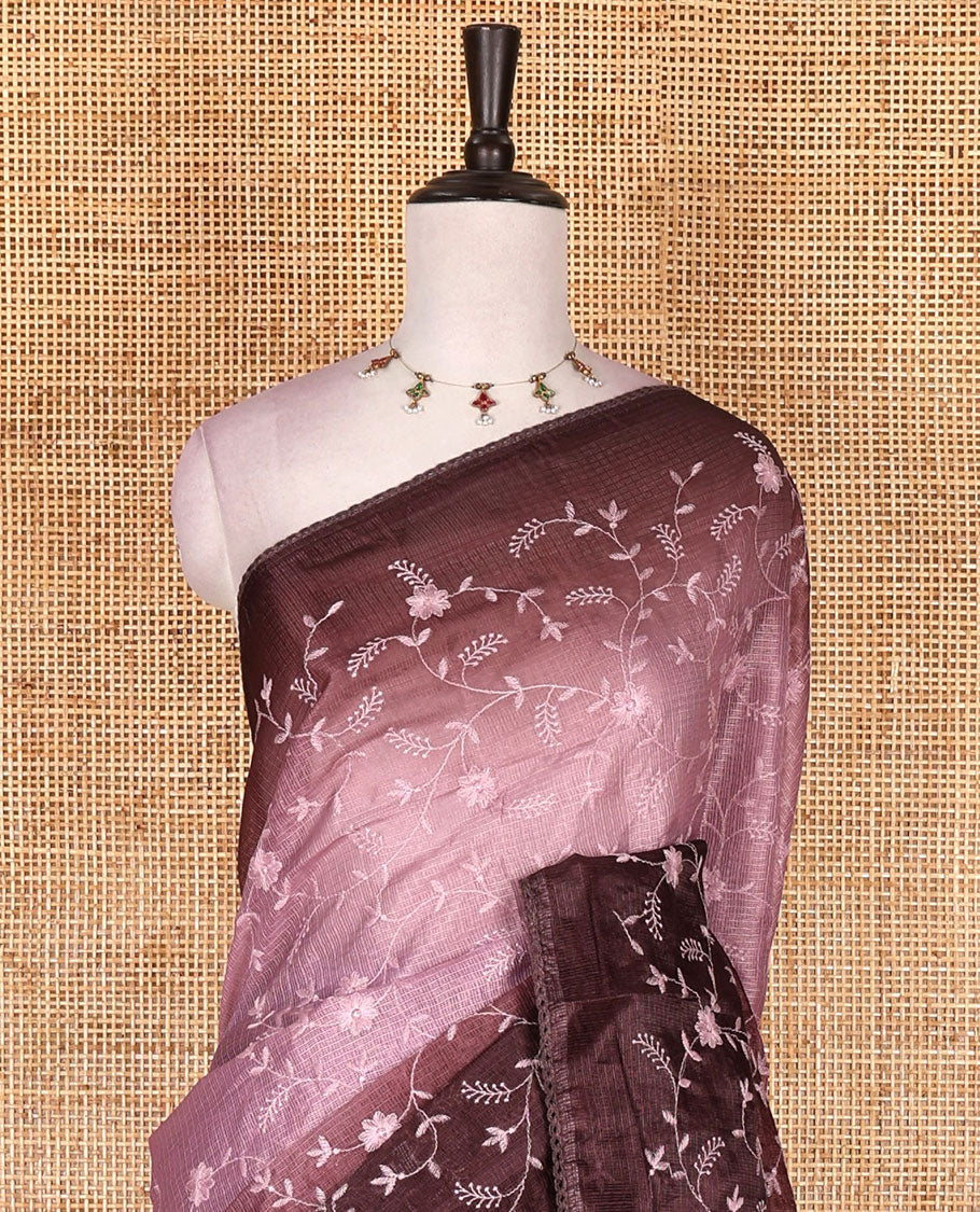 Peach-brown floral vine chickankari embroidered kota chex saree, lace border, floral vine chickankari embroidered pallu, and contrast plain blouse