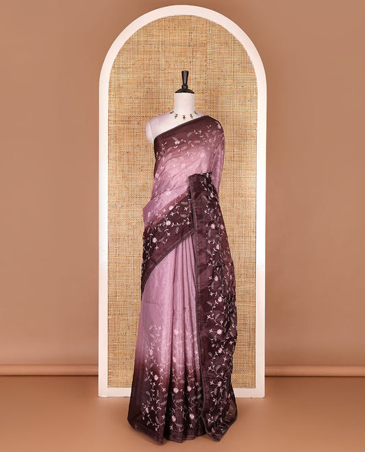 Peach-brown floral vine chickankari embroidered kota chex saree, lace border, floral vine chickankari embroidered pallu, and contrast plain blouse