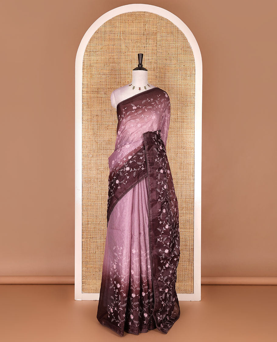 Peach-brown floral vine chickankari embroidered kota chex saree, lace border, floral vine chickankari embroidered pallu, and contrast plain blouse