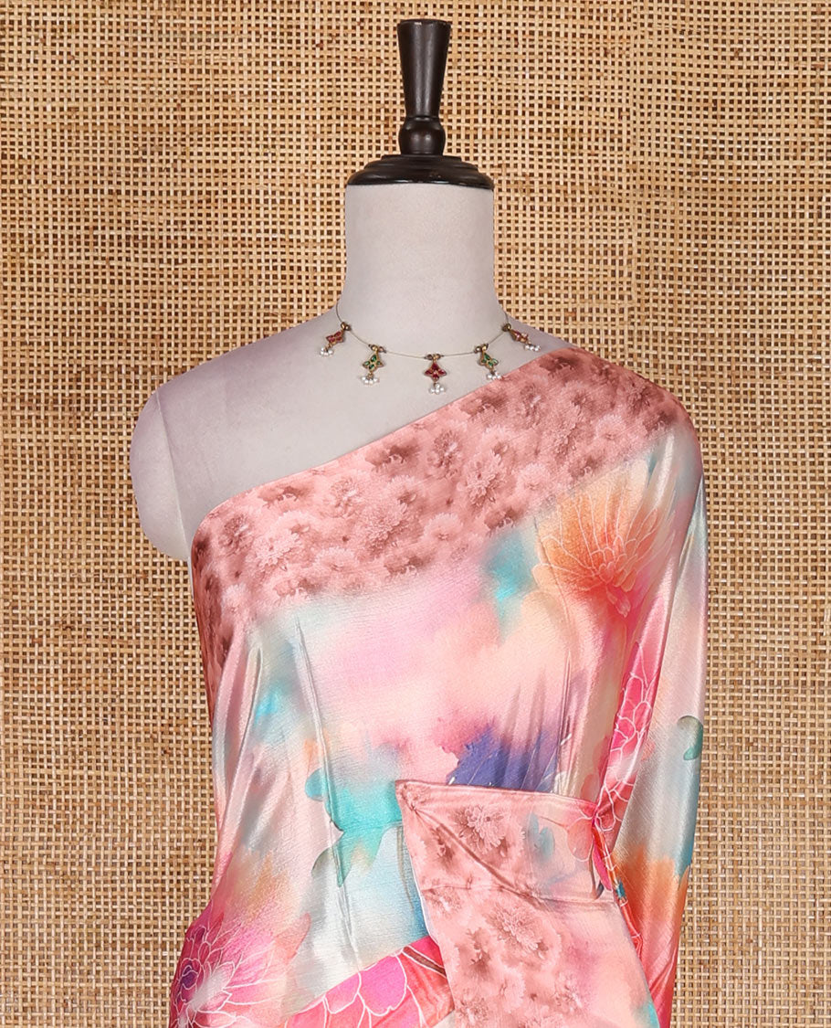 Pink colorful, floral printed turkey crepe saree, floral printed border, pallu, and contrast flower motifs printed blouse