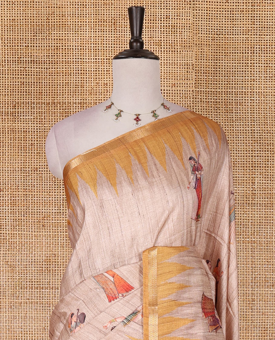 Chikku and yellow Radha motifs printed katan silk saree, contrast temple border, ikkat motifs woven pallu, and contrast printed pallu