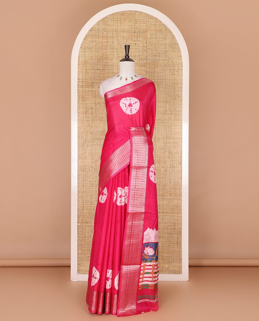 Pink shibori printed dola silk saree, traditional zari border, printed pallu, and blouse of print, and zari work