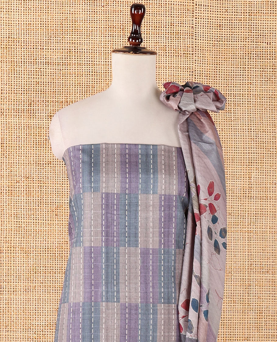 Grey semi-tussar material chudidar set,geometric & kantha print top,heathered plain bottom & dupatta of geometric & floral print
