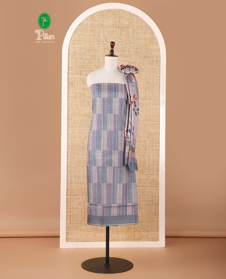 Grey semi-tussar material chudidar set,geometric & kantha print top,heathered plain bottom & dupatta of geometric & floral print