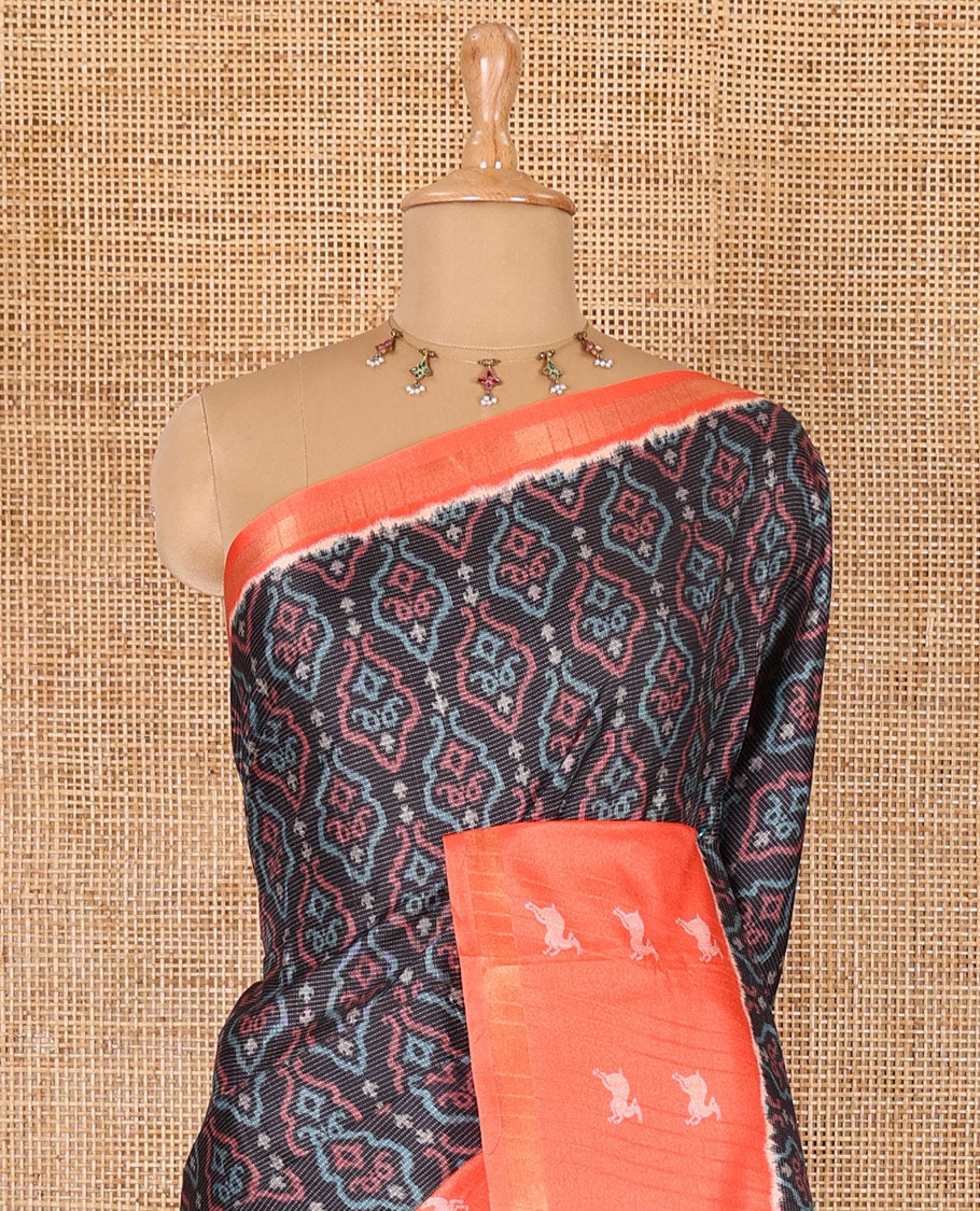 Black Pochampally ikkat printed katan silk saree, contrast deer motifs printed zari border, jaal printed pallu, and contrast deer motifs printed blouse