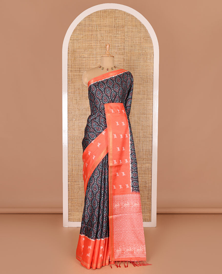 Black Pochampally ikkat printed katan silk saree, contrast deer motifs printed zari border, jaal printed pallu, and contrast deer motifs printed blouse